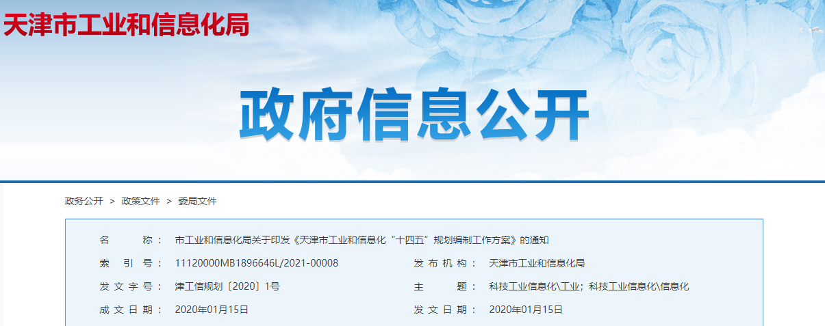 天津市市工业和信息化局关于印发《天津市工业和信息化“十四五”规划编制工作方案》的通知