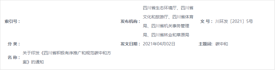 四川省生态环境厅等五部门关于印发《四川省积极有序推广和规范碳中和方案》的通知