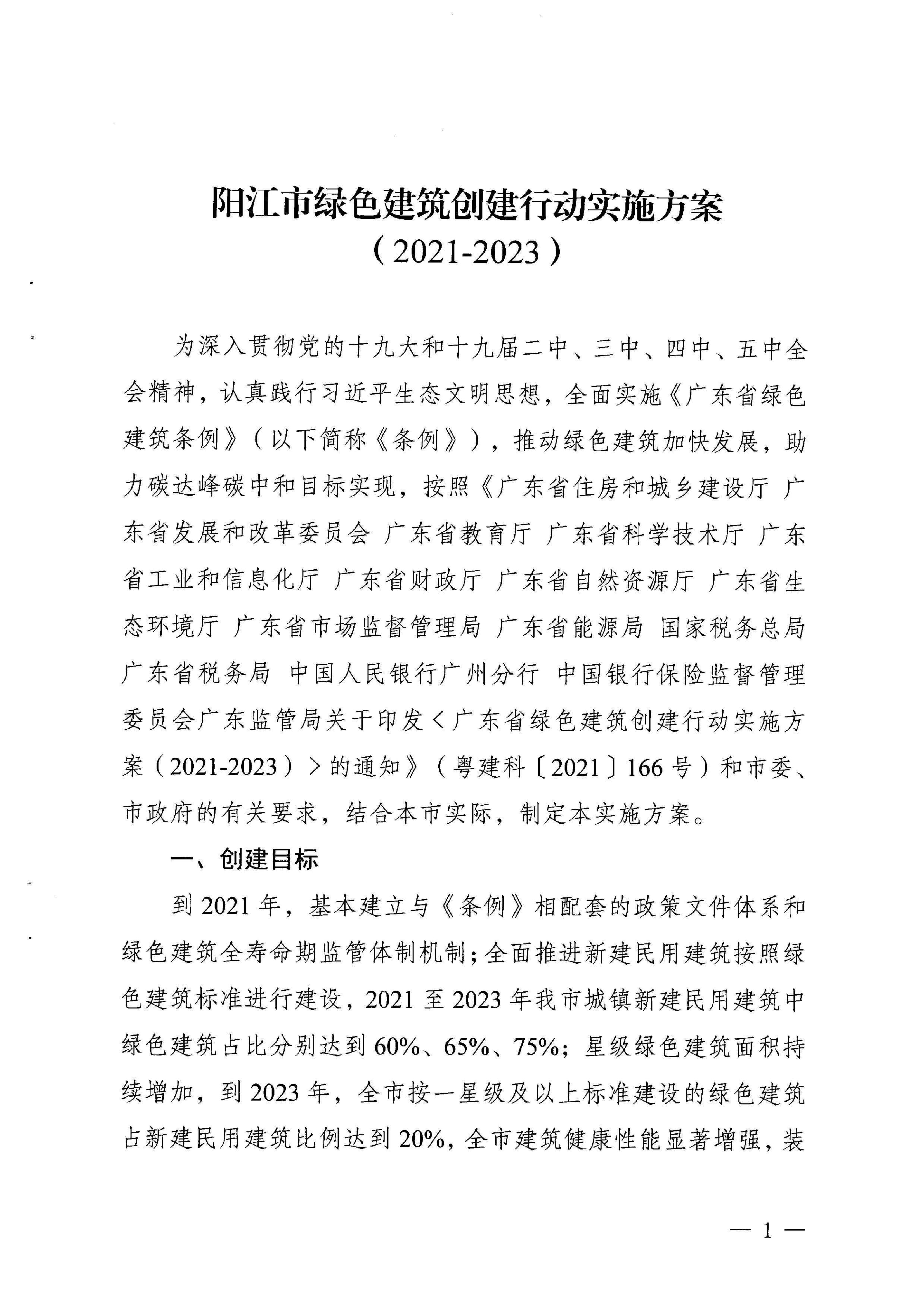 关于印发《阳江市绿色建筑创建行动实施 方案(2021-2023) 》的通知
