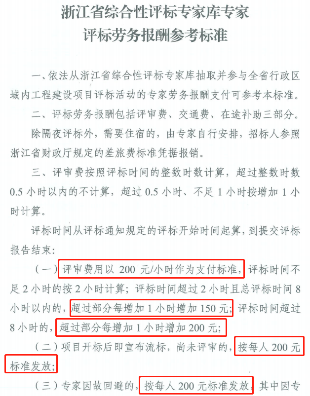 6月1日起【浙江省】正式执行《专家评标劳务报酬标准》