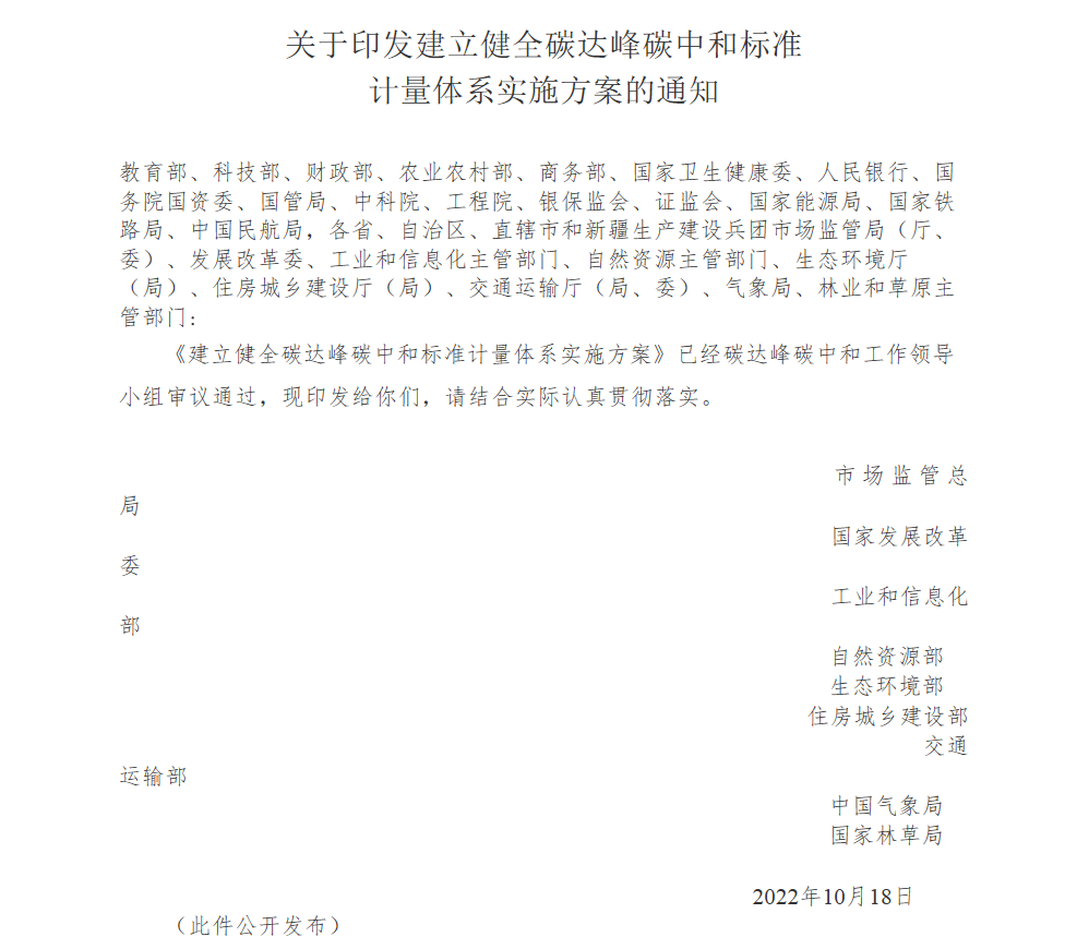 关于印发《建立健全碳达峰碳中和标准计量体系实施方案》的通知