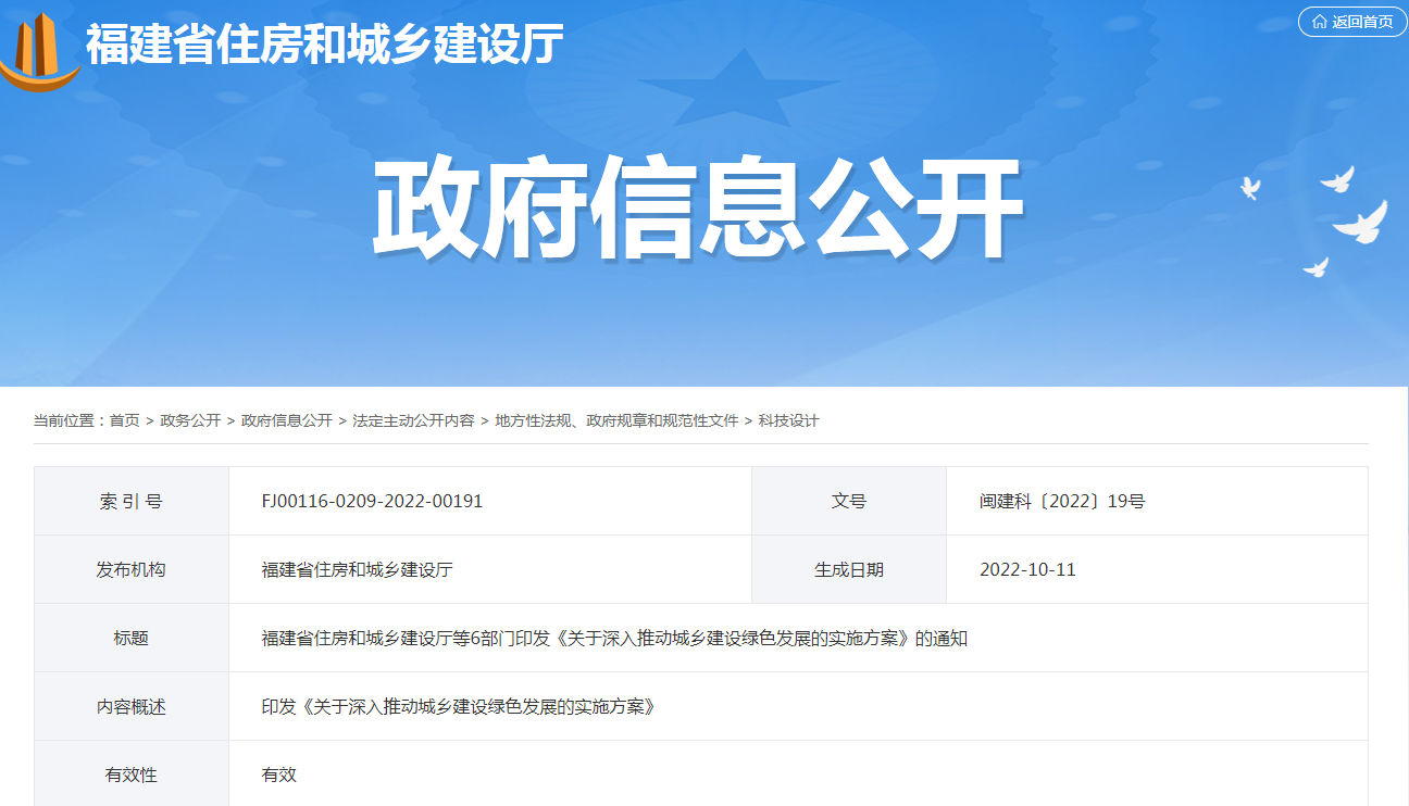 【福建省】《关于深入推动城乡建设绿色发展的实施方案》的通知