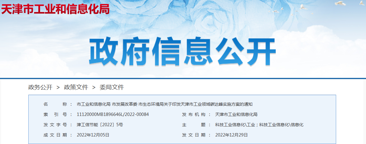 天津市工业领域碳达峰实施方案