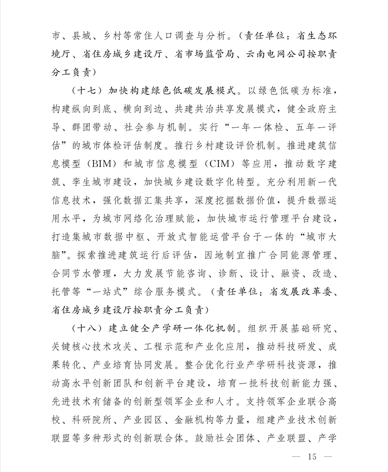 关于印发云南省城乡建设领域碳达峰实施方案的通知