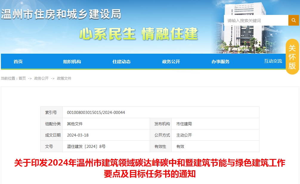 关于印发2024年温州市建筑领域碳达峰碳中和暨建筑节能与绿色建筑工作要点及目标任务书的通知